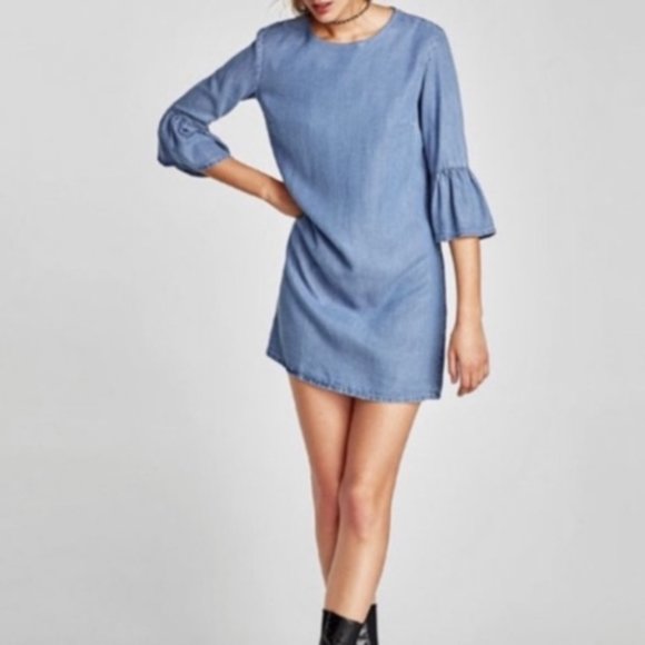 Zara denim dress ruffle sleeve - Picture 2 of 11